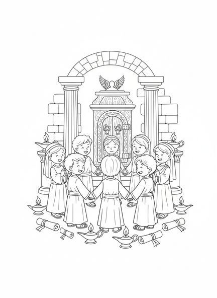 Grupo de niños orando, página para colorear de 1 Tesalonicenses 5:16 para niños de Escuela Dominical de 5 a 12 años.