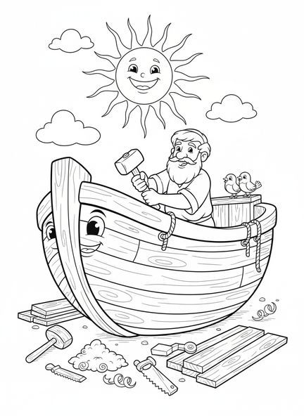 Noé construyendo el arca, página para colorear 2 Corintios 5:17 para niños de 5 a 10 años.