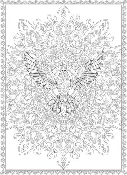 Pomba descendo, página de colorir 2 Timóteo 1:7 para adultos no estilo de journaling bíblico