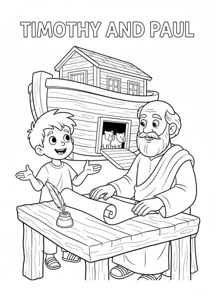 Timoteo hablando con Pablo, página para colorear de 2 Timoteo 1:7 para niños de 5 a 10 años.