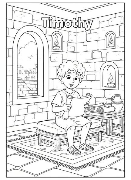 Jovem Timóteo, página para colorir de 2 Timóteo 1:7 para crianças da Escola Dominical de 5 a 12 anos