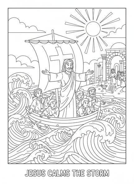 Jesus auf einem Boot, Sei still und wisse Ausmalbild für Sonntagsschulkinder im Alter von 5-12 Jahren