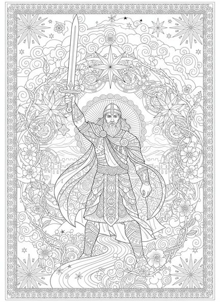 Josué avec une épée levée, Page à colorier Be Strong Courageous Josué pour adultes dans un style de journal biblique