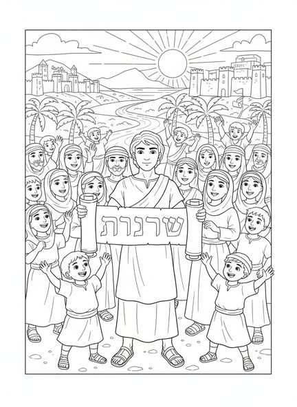 Josué avec un rouleau, Page à colorier Soyez Fort et Courageux Josué pour les enfants de 5 à 10 ans