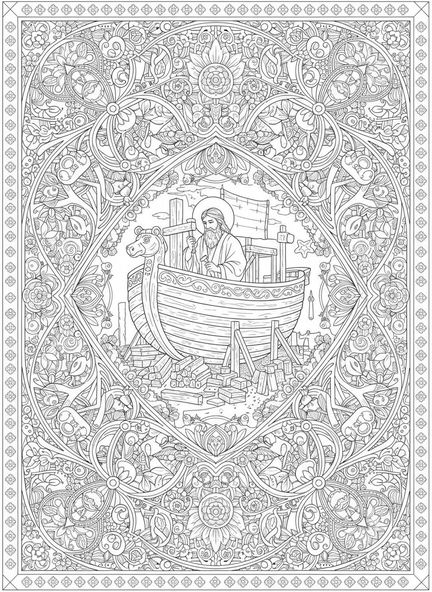 Noé construisant l'arche, page à colorier Deutéronome 31:6 pour adultes dans un style de journal biblique
