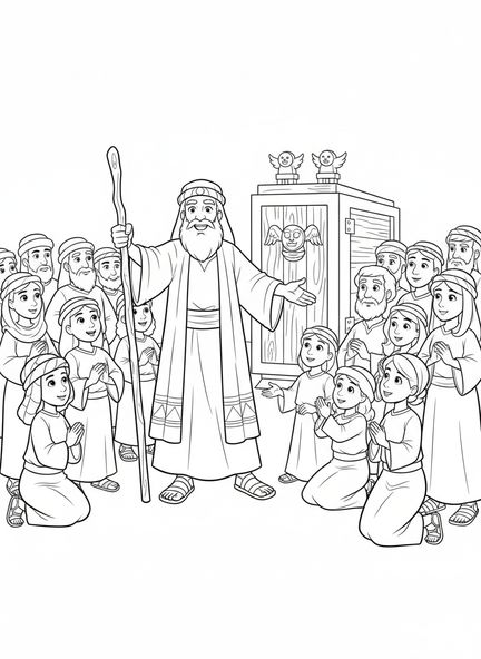 Mose ermutigt die Israeliten, Malvorlage zu Deuteronomium 31,6 für Kinder im Alter von 5-10 Jahren