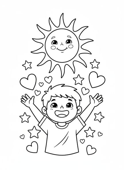 Fröhliches Kind mit erhobenen Armen, Ausmalbild zu 5. Mose 6,5 für Kinder im Alter von 5-10 Jahren.