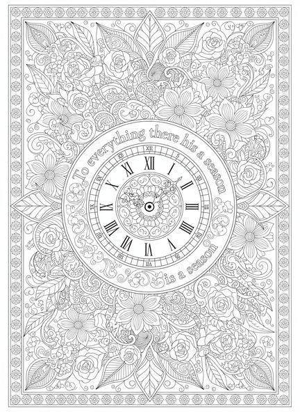 Relógio ornamentado, página para colorir de Eclesiastes 3:1 no estilo de journaling bíblico para adultos.