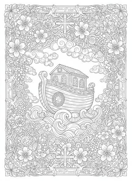 Arca ornamentada com ondas, página para colorir Efésios 2:8-9 no estilo de journaling bíblico para adultos