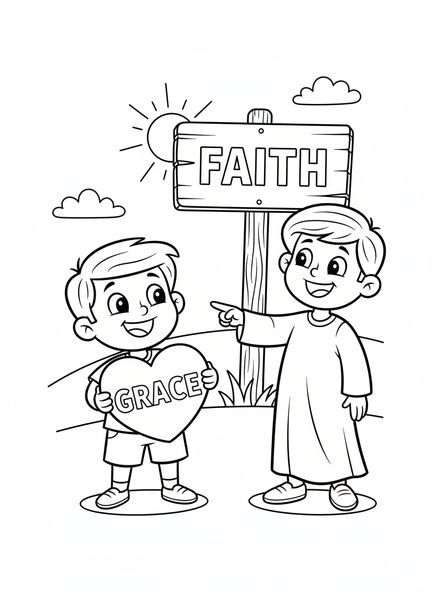 Criança segurando um coração, página para colorir de Efésios 2:8-9 para crianças de 5 a 10 anos.