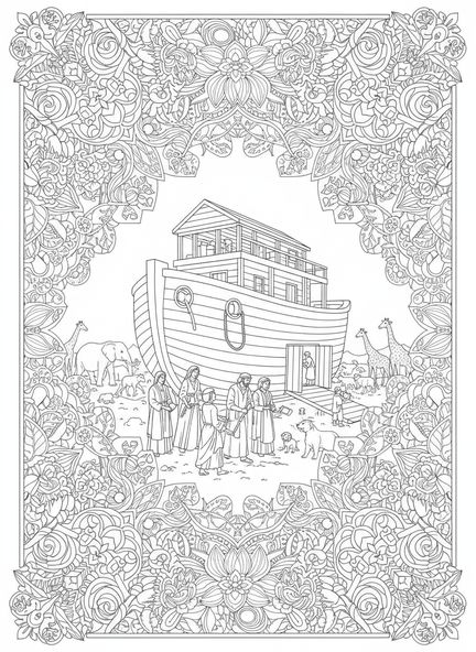 Noé y su familia construyendo el arca, Efesios 2:8 Página para colorear sobre la fe y la gracia, estilo de journaling bíblico para adultos.