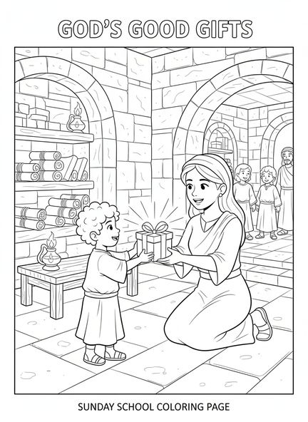 Niño recibiendo un regalo brillante, Efesios 2:8 Página para colorear sobre la Gracia por la Fe para niños de Escuela Dominical de 5 a 12 años.