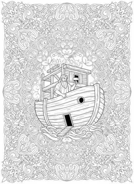 Noé construisant l'arche, page à colorier Éphésiens 3:20 pour adultes dans le style du journal biblique.