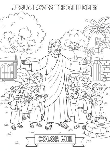 Jesús dando la bienvenida a los niños, página para colorear 'Porque de tal manera amó Dios al mundo' para niños de la Escuela Dominical de 5 a 12 años.