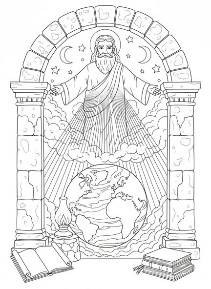 Gott erschafft das Licht, Genesis 1:1 Malvorlage für Sonntagsschulkinder im Alter von 5-12 Jahren