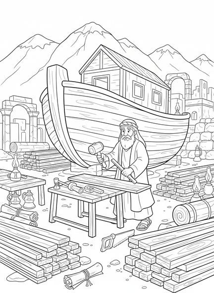 Noé construisant l'arche, page à colorier Remerciez le Seigneur pour les enfants de l'École du dimanche âgés de 5 à 12 ans.