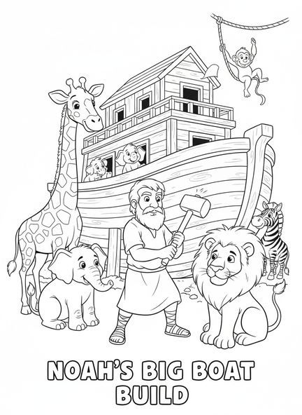 Noé martillando tablones, Hebreos 11:1 página para colorear para niños de 5 a 10 años