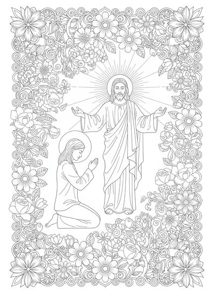 Persona arrodillada en oración, Hebreos 12:2 Fijando la mirada en Jesús, página para colorear para adultos estilo journaling bíblico.