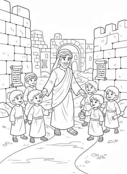 Jesús caminando por un sendero, Hebreos 12:2 Fijando los ojos en Jesús, página para colorear para niños de Escuela Dominical de 5 a 12 años.