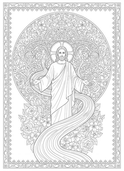 Jesus cercado por flores, Hebreus 13:8 Jesus. Página de colorir para adultos no estilo de journaling bíblico.