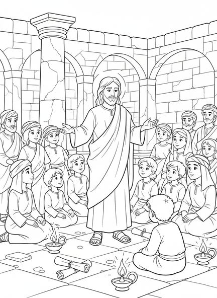 Jesús enseñando a la multitud, Hebreos 13:8 Jesús es el mismo. Página para colorear para niños de Escuela Dominical de 5 a 12 años.