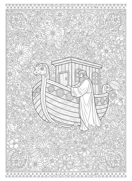 Noé construisant l'arche, page à colorier I Know The Plans pour le journal biblique des adultes.