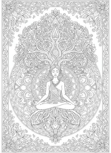 Figura meditando bajo un árbol, página para colorear de Isaías 26:3 en estilo de journaling bíblico para adultos