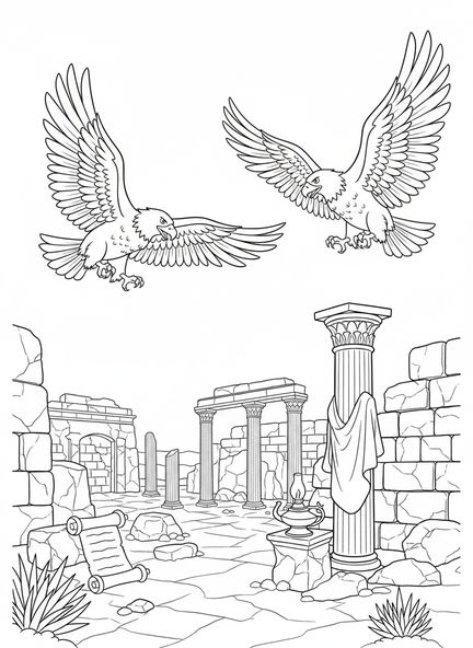 Dos águilas en vuelo, Isaías 40:31 Página para colorear de águilas para niños de la Escuela Dominical de 5 a 12 años.