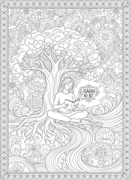 Personne lisant sous un arbre, page à colorier 'N'aie pas peur' Ésaïe 41:10 pour adultes, style de journal biblique