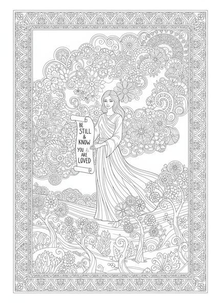 Figura serena con pergamino, página para colorear de Isaías 41:10 estilo journaling bíblico para adultos