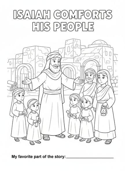 Isaías consolando a la gente, página para colorear de Isaías 41:10 para niños de Escuela Dominical de 5 a 12 años.