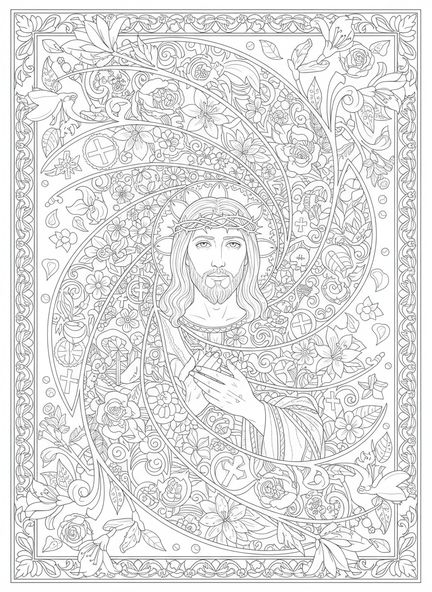 Figure centrale du Christ avec des blessures guérissantes, Ésaïe 53:5 Page à colorier pour adultes dans un style de journal biblique.