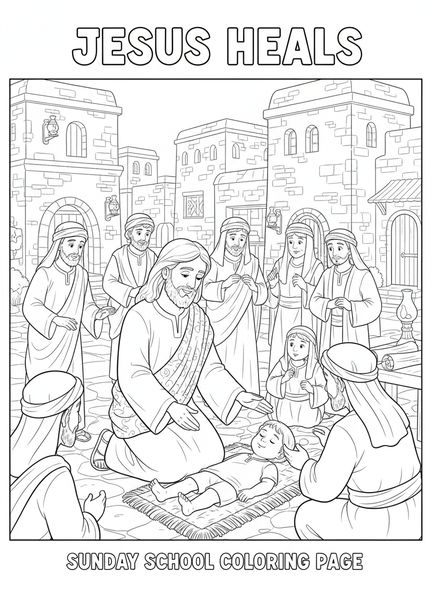 Jesus heilt ein krankes Kind, Jesaja 53,5 - Durch seine Wunden Malvorlage für die Sonntagsschule für Kinder im Alter von 5-12 Jahren