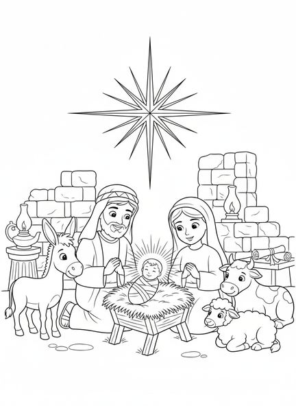 María y José con el niño Jesús, Isaías 9:6 Príncipe de Paz, página para colorear para niños de la Escuela Dominical de 5 a 12 años.