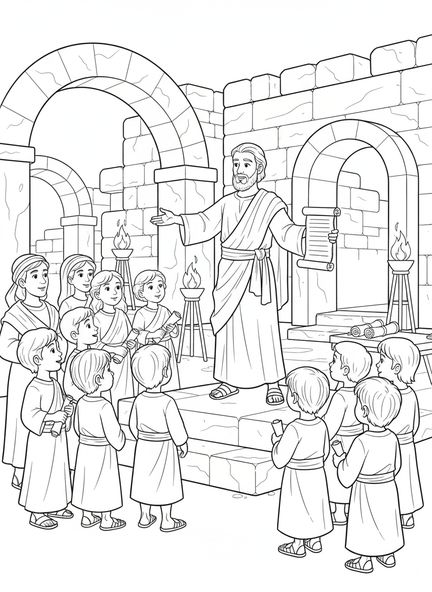 Santiago enseñando a una multitud, página para colorear de Santiago 1:22 para niños de la Escuela Dominical de 5 a 12 años