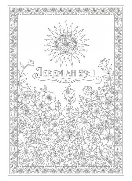 Sol radiante sobre o jardim, página para colorir Jeremias 29:11 no estilo de journaling bíblico para adultos.
