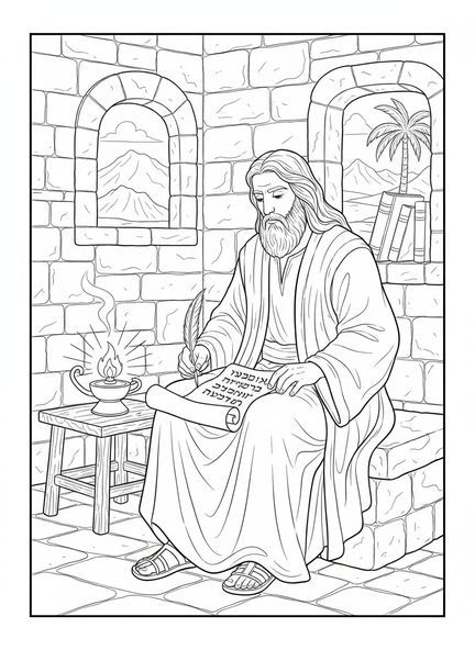Jeremias escrevendo em um pergaminho, página de colorir Jeremias 29:11 para crianças da Escola Dominical de 5 a 12 anos.