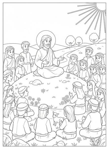 Jésus enseignant une foule, page à colorier Jésus Nom Au-dessus de Tout pour les enfants de 5 à 10 ans.