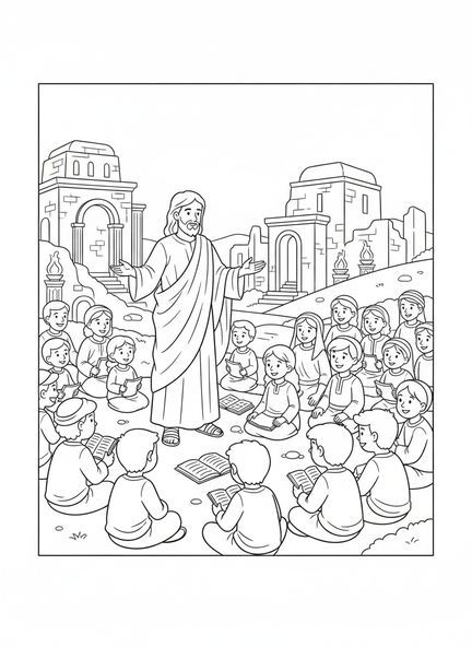 Jésus enseignant la foule, page à colorier Jésus Nom Au-dessus de Tout pour les enfants de l'École du dimanche âgés de 5 à 12 ans.