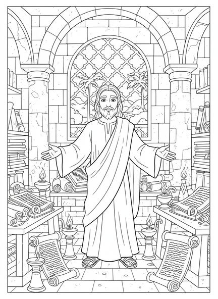 Jesús rodeado de rollos, Juan 1:1 La Palabra era Dios página para colorear para niños de Escuela Dominical de 5 a 12 años.