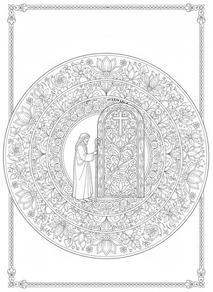 Pasteur près de la porte des brebis, Jean 10:10 Page à colorier Vie Abondante pour adultes dans un style de journal biblique.