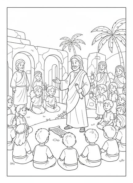 Jesús enseñando a una multitud, Juan 10:10 página para colorear sobre la Vida Abundante para niños de Escuela Dominical de 5 a 12 años.