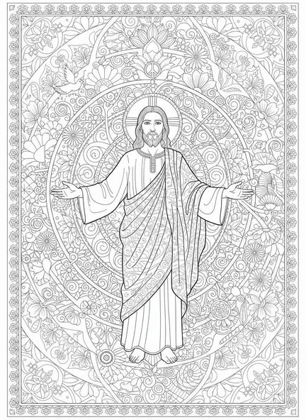 Jésus les bras ouverts, Jean 14:1 Ne laissez pas votre cœur être troublé page à colorier pour adultes dans un style de journal biblique