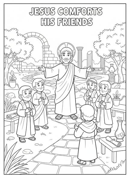 Jesus tröstet die Jünger, Johannes 14,1 Lasst euch nicht ängstigen Ausmalbild für die Sonntagsschule für Kinder im Alter von 5-12 Jahren.