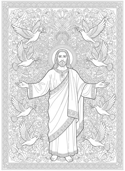 Jesús con palomas, Juan 14:27 Mi Paz página para colorear estilo de journaling bíblico para adultos.