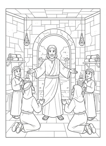 Jesús consolando a los discípulos, Juan 14:27 Página para colorear de Mi Paz para niños de Escuela Dominical de 5 a 12 años
