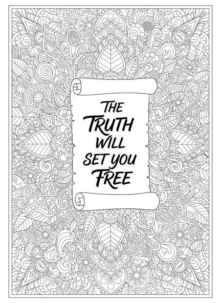 Parchemin ouvert avec les mots, Jean 8:32 La vérité vous rendra libre page à colorier pour adultes style journal biblique