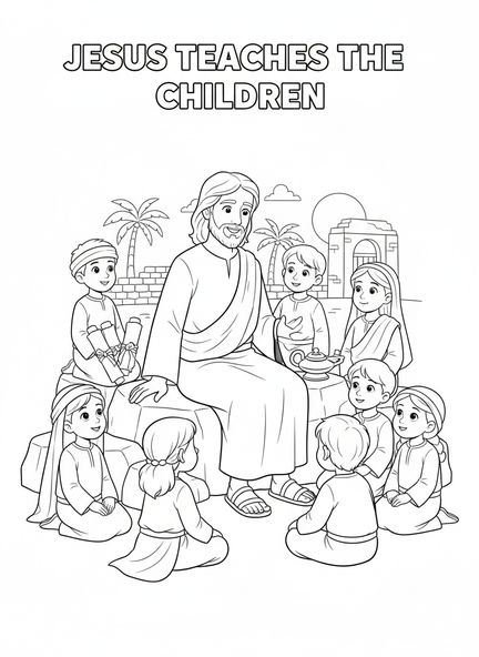 Jésus enseignant aux enfants, Jean 8:32 La vérité. Page à colorier pour l'École du dimanche, enfants de 5 à 12 ans.