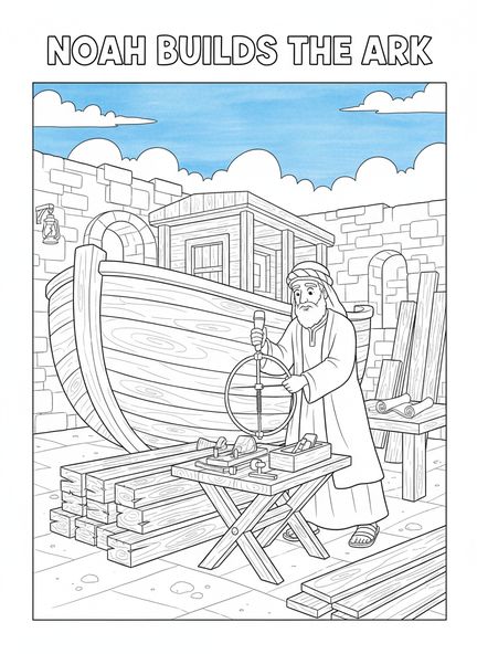Noé trabajando en el arca, Lamentaciones 3:22 página para colorear sobre Nuevas Misericordias para niños de Escuela Dominical de 5 a 12 años.
