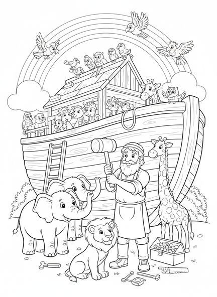 Noé martillando tablones, Lamentaciones 3:23 página para colorear para niños de 5 a 10 años